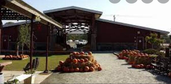 Outside of a barn with stacks of pumpkins